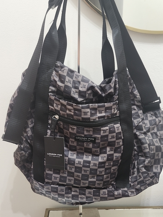 London Fog Handbags - London Fog Gray & Black Logo-Print Travel Tote